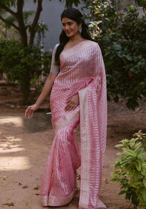 Bubblegum Pink Bubble Gum Pink Woven Organza Silk Saree With Embroidered Floral Motifs For Women