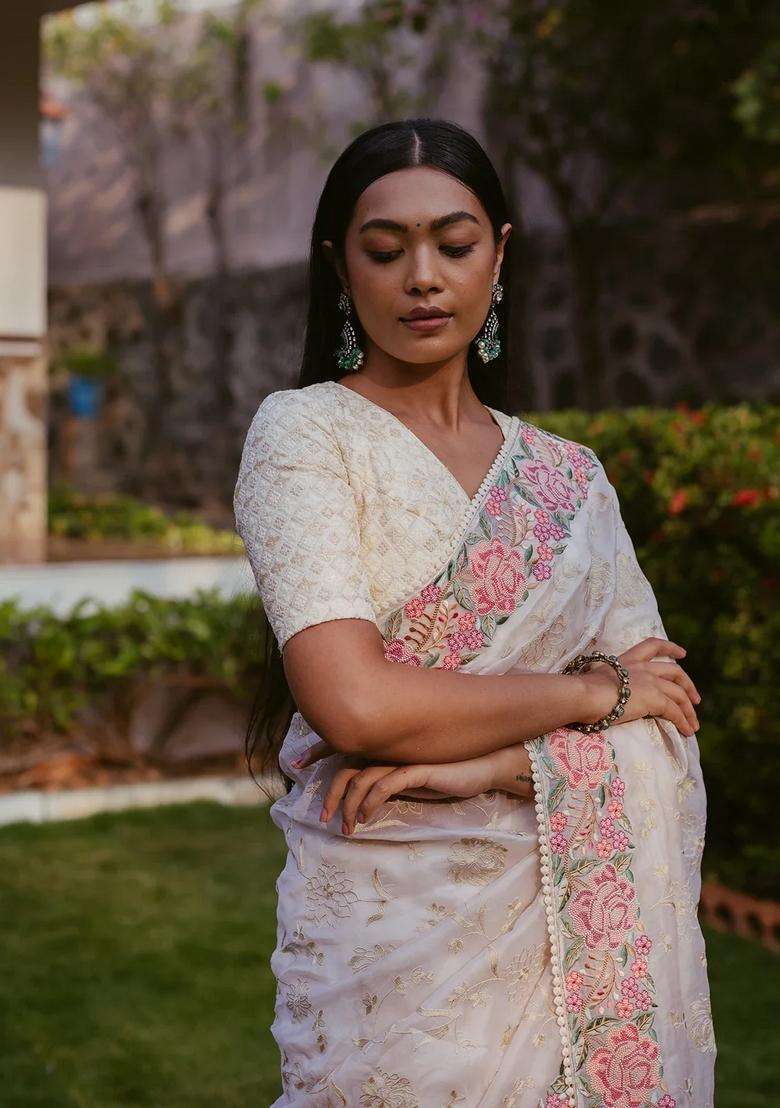Cream Woven Organza Silk Saree With Embroidered Floral Motifs For Women - Indya