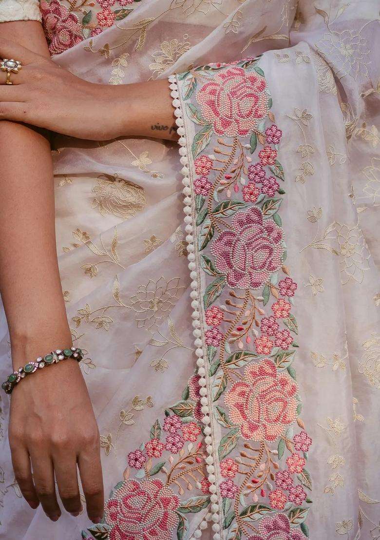 Cream Woven Organza Silk Saree With Embroidered Floral Motifs For Women - Indya