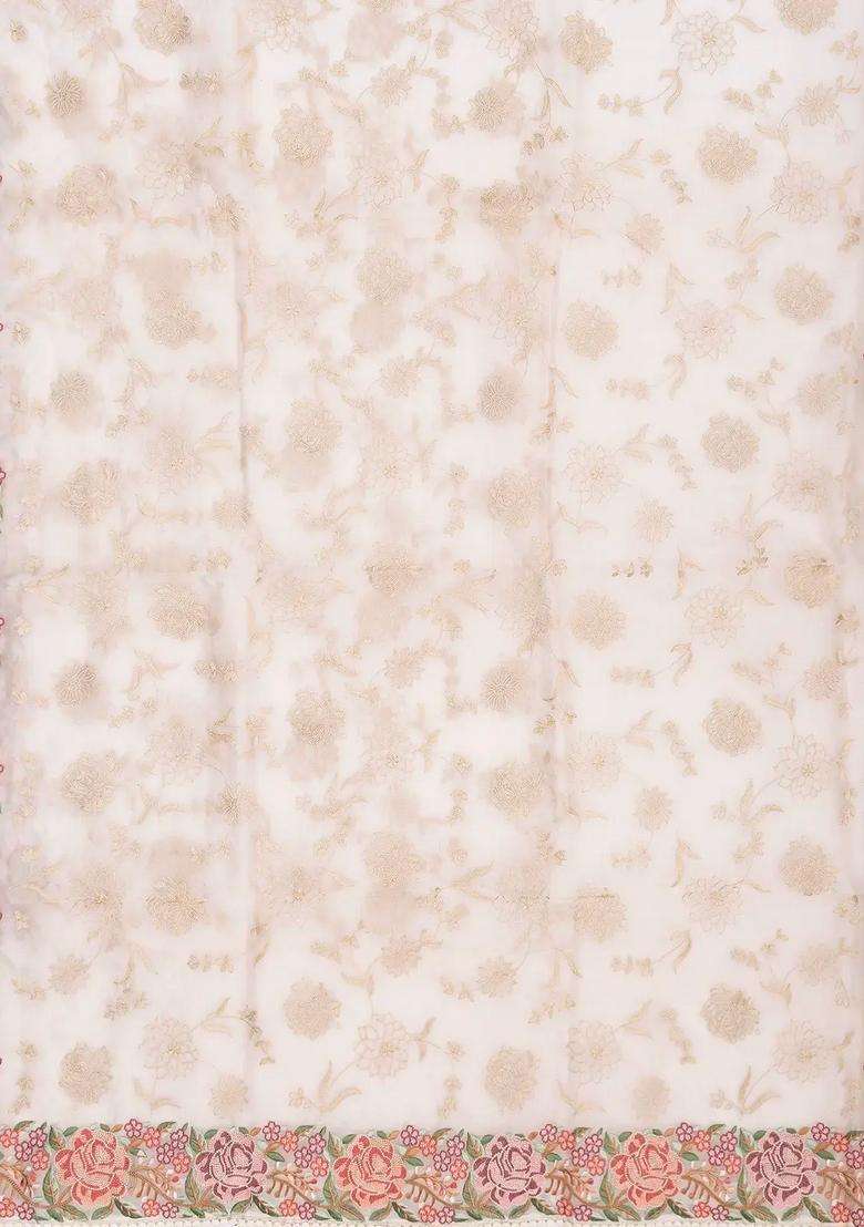 Cream Woven Organza Silk Saree With Embroidered Floral Motifs For Women - Indya