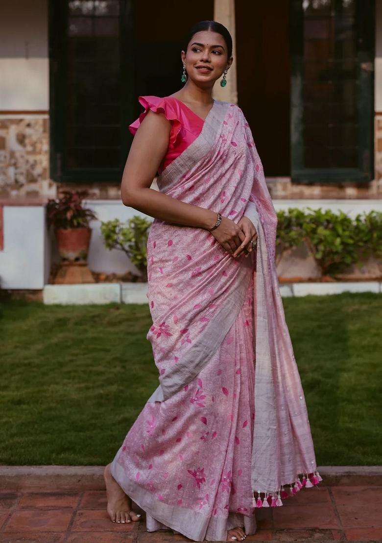 Pink Handwoven Linen Saree With Tree Of Life Embroidery Motifs With Embroidered Design For Women - Indya