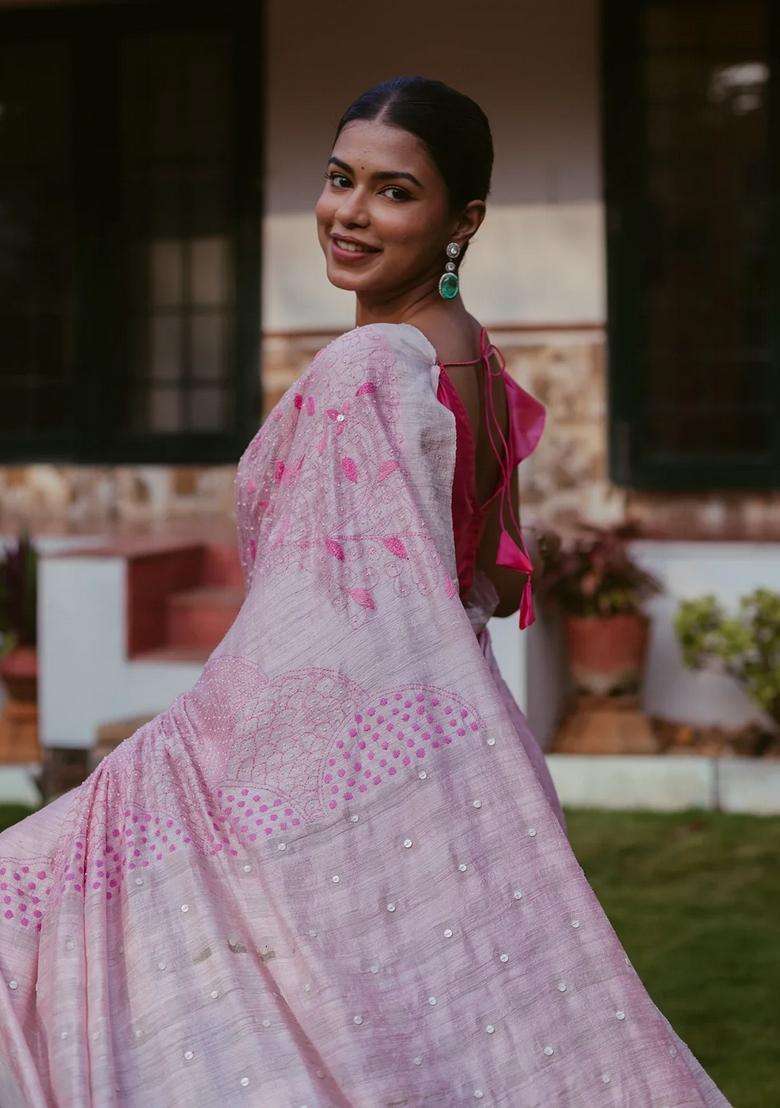 Pink Handwoven Linen Saree With Tree Of Life Embroidery Motifs With Embroidered Design For Women - Indya