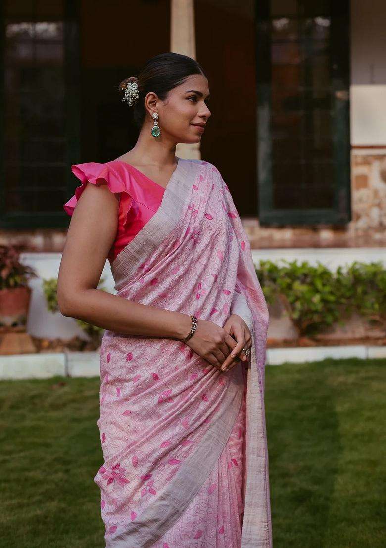 Pink Handwoven Linen Saree With Tree Of Life Embroidery Motifs With Embroidered Design For Women - Indya