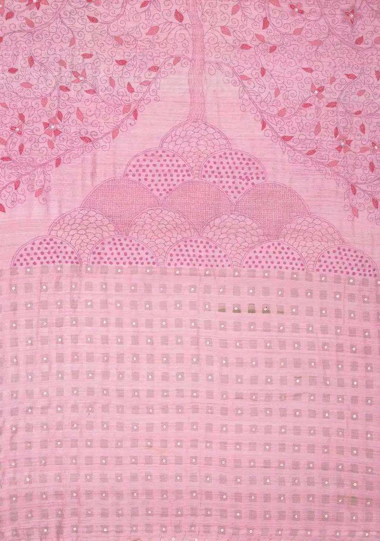 Pink Handwoven Linen Saree With Tree Of Life Embroidery Motifs With Embroidered Design For Women - Indya