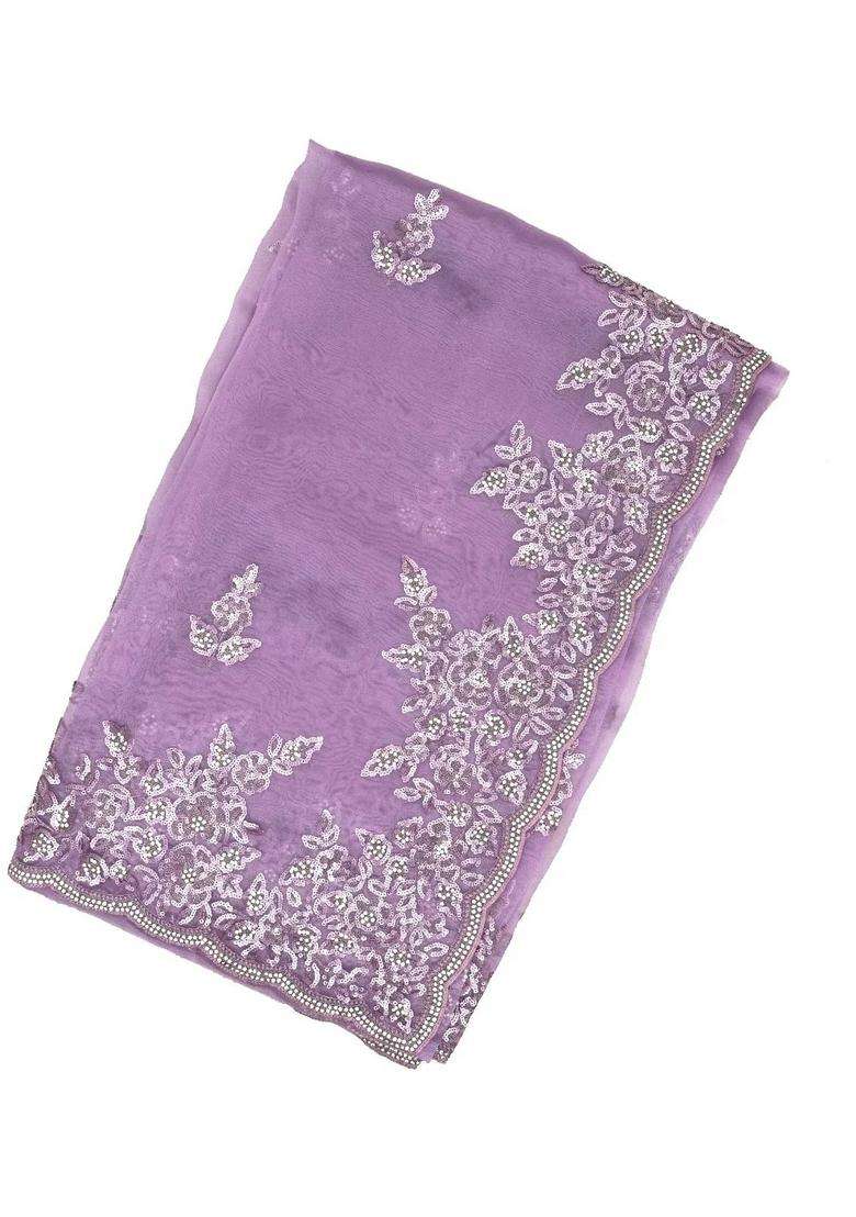 Purple Woven Blended Tissue Saree With Embroidered Floral Motifs For Women - Indya