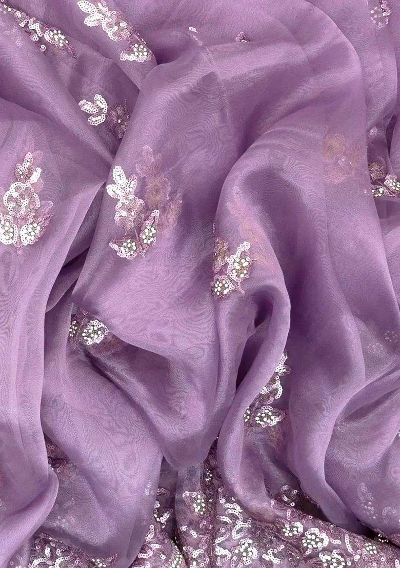 Purple Woven Blended Tissue Saree With Embroidered Floral Motifs For Women - Indya