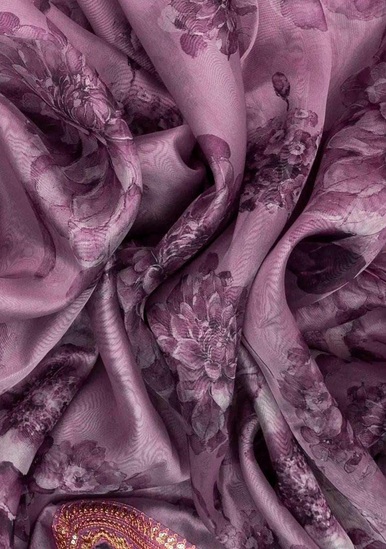 Lilac Woven Viscose Art Silk Saree With Printed Floral Motifs For Women - Indya