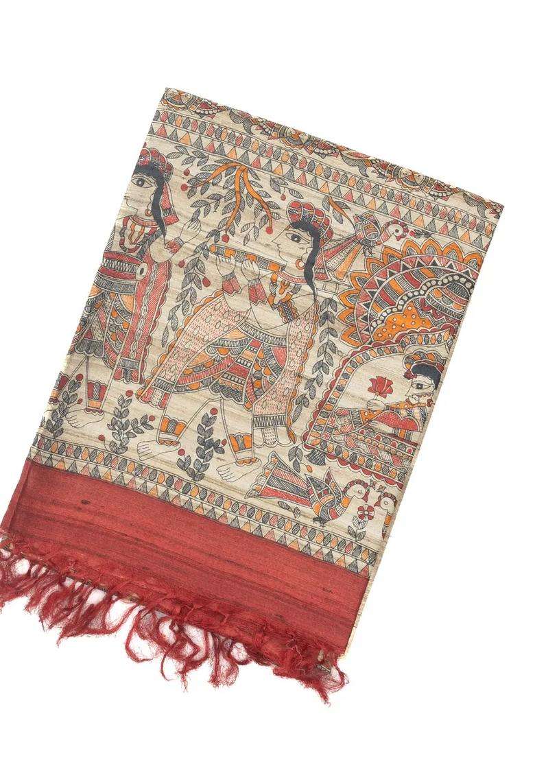 Taupe Handloom Tussar Silk Saree With Printed Crimson Floral Motifs For Women - Indya