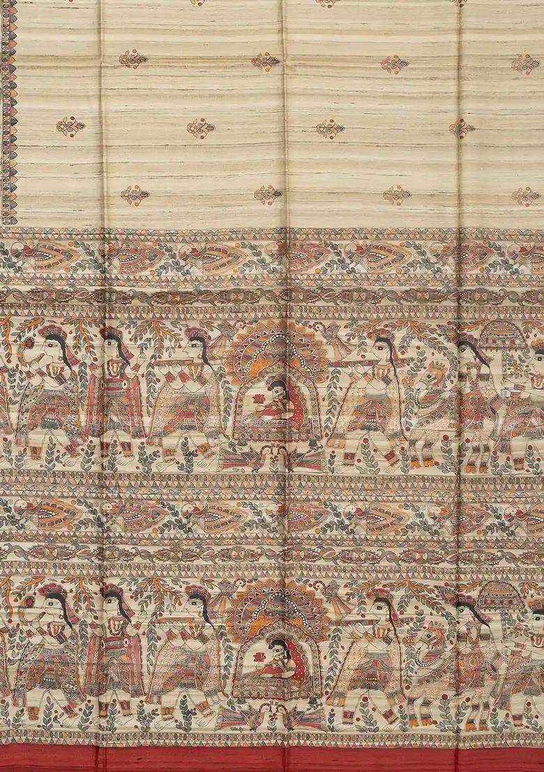 Taupe Handloom Tussar Silk Saree With Printed Crimson Floral Motifs For Women - Indya