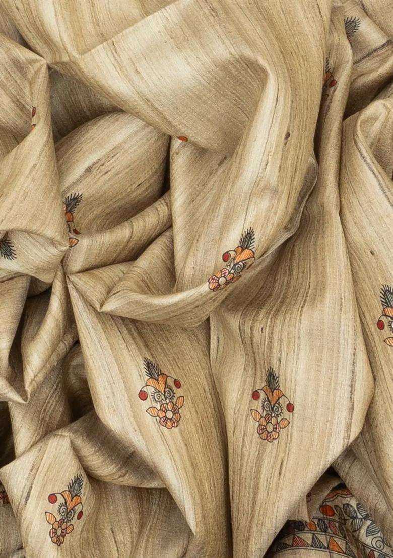 Taupe Handloom Tussar Silk Saree With Printed Crimson Floral Motifs For Women - Indya