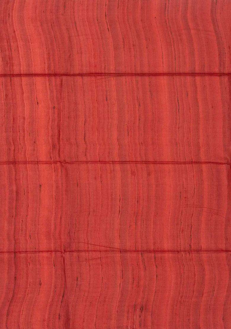 Taupe Handloom Tussar Silk Saree With Printed Crimson Floral Motifs For Women - Indya