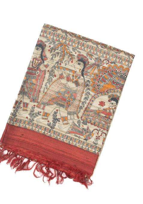 Taupe Handloom Tussar Silk Saree With Printed Crimson Floral Motifs For Women