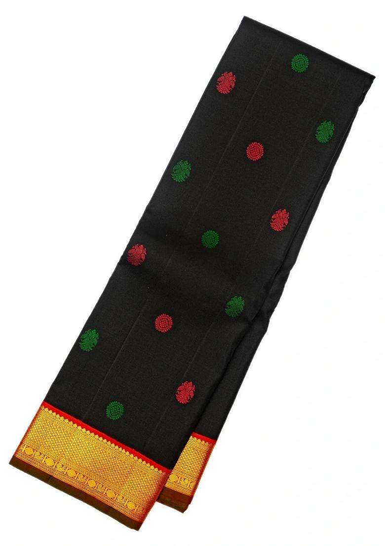 Black Handloom Kanchipuram Silk Saree With Gandaberunda Buttas With Buttas And Brocade Design For Women - Indya