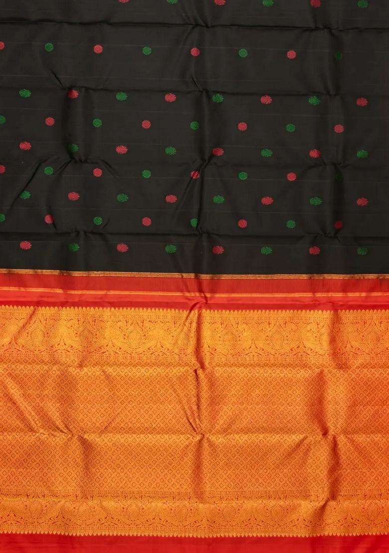 Black Handloom Kanchipuram Silk Saree With Gandaberunda Buttas With Buttas And Brocade Design For Women - Indya