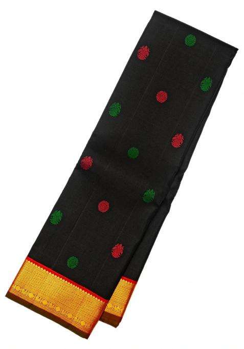 Black Handloom Kanchipuram Silk Saree With Gandaberunda Buttas With Buttas And Brocade Design For Women