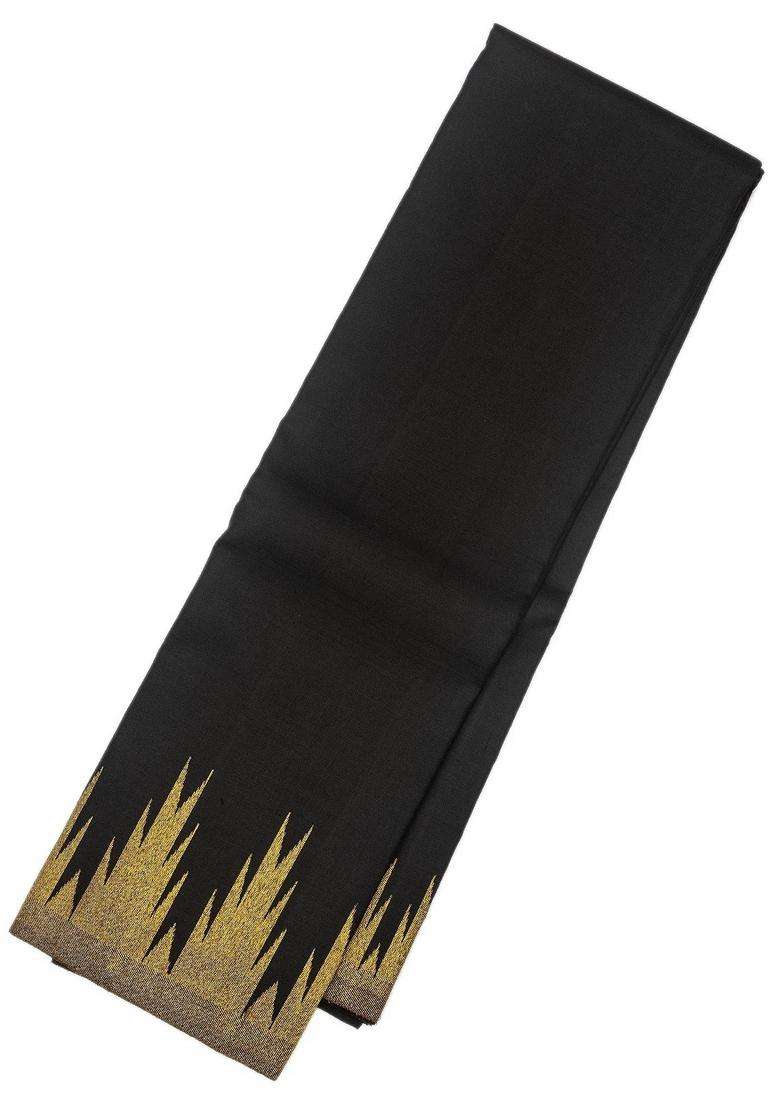 Black Handloom Kanchipuram Silk Saree With Temple Zari Border With Korvai And Temple Border Design For Women - Indya