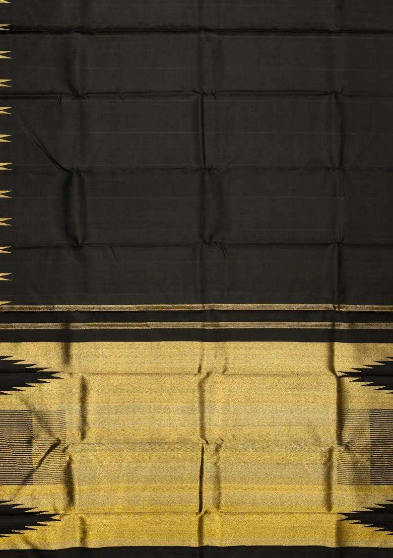 Black Handloom Kanchipuram Silk Saree With Temple Zari Border With Korvai And Temple Border Design For Women - Indya