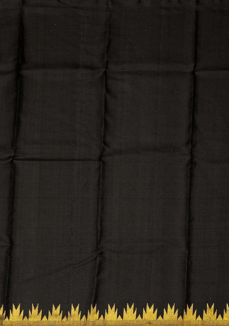 Black Handloom Kanchipuram Silk Saree With Temple Zari Border With Korvai And Temple Border Design For Women - Indya