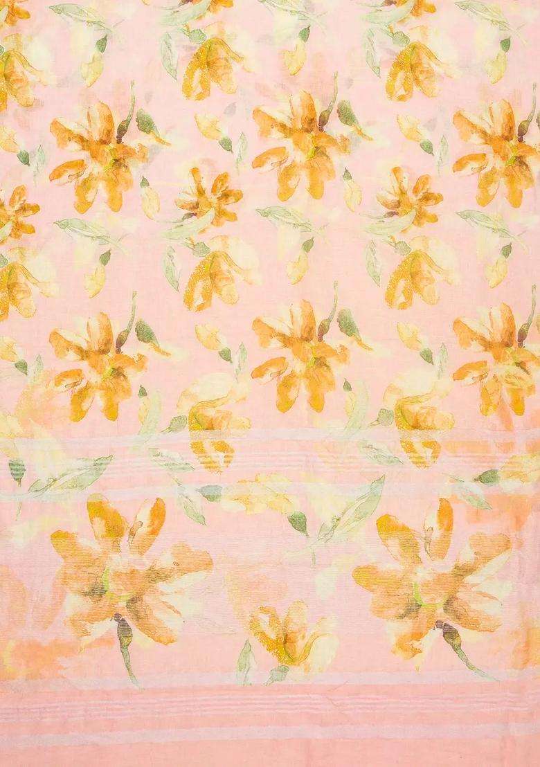 Bubblegum Pink Handloom Linen Saree With Printed Motifs For Women - Indya