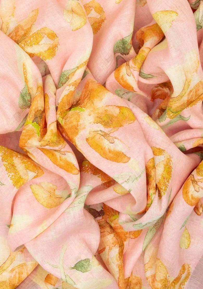 Bubblegum Pink Handloom Linen Saree With Printed Motifs For Women - Indya