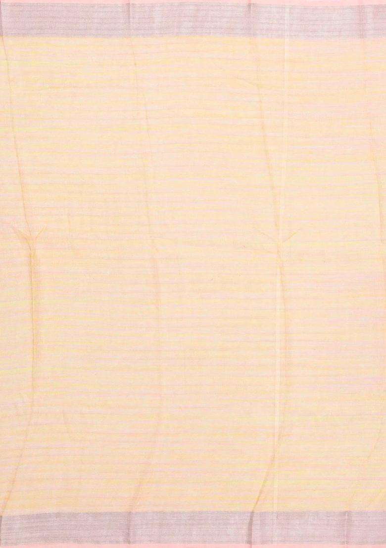 Bubblegum Pink Handloom Linen Saree With Printed Motifs For Women - Indya