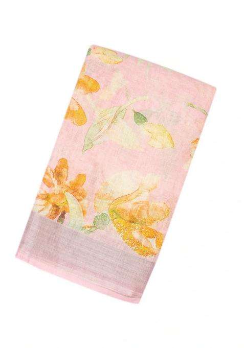 Bubblegum Pink Handloom Linen Saree With Printed Motifs For Women