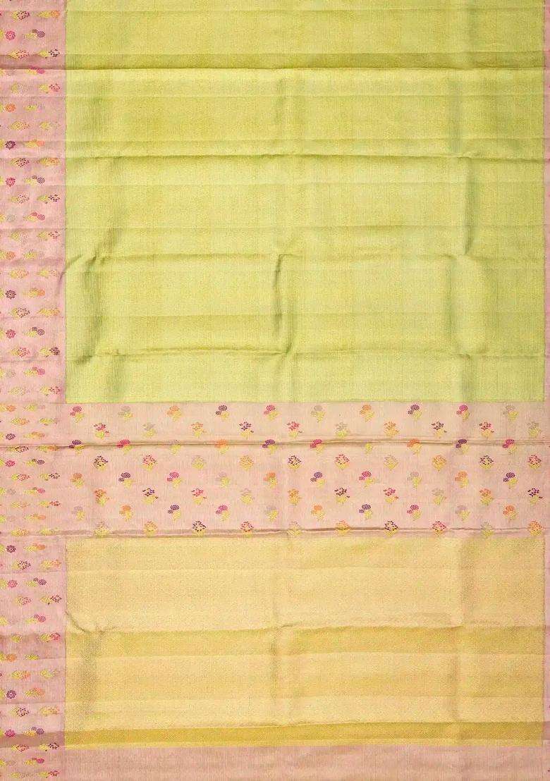 Cardamom Green Handloom Kanchipuram Tissue Silk Saree With Floral Motifs With Buttas And Brocade Design For Women - Indya