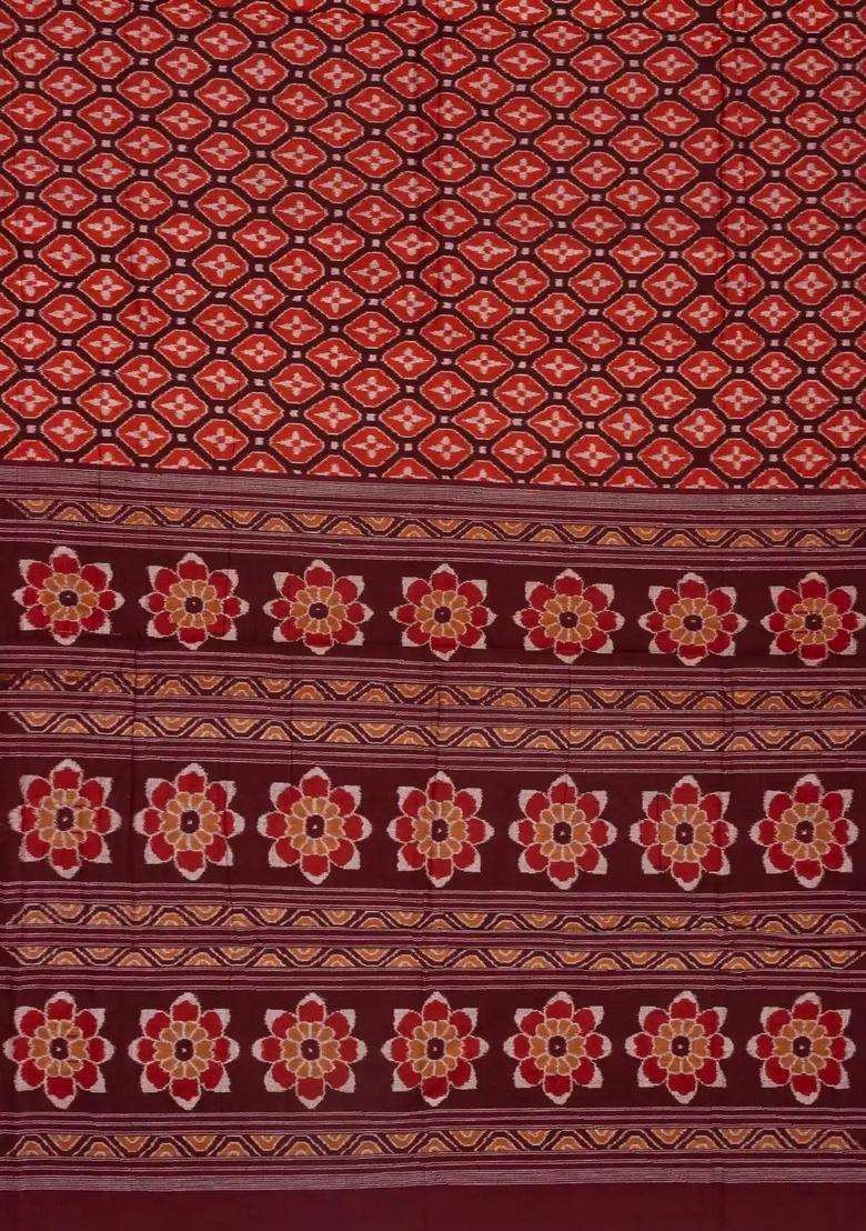Dark Brown Handloom Orissa Cotton Saree With Tie Dye Floral Motifs With Printed Design For Women - Indya