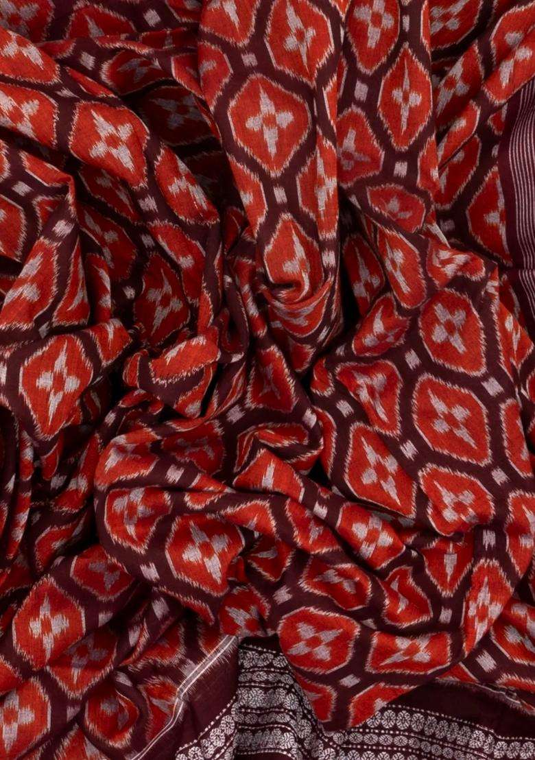 Dark Brown Handloom Orissa Cotton Saree With Tie Dye Floral Motifs With Printed Design For Women - Indya