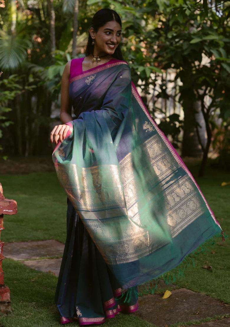 Teal Handloom Kanchi Cotton Saree With Yazhi Buttas With Buttas And Brocade Design For Women - Indya
