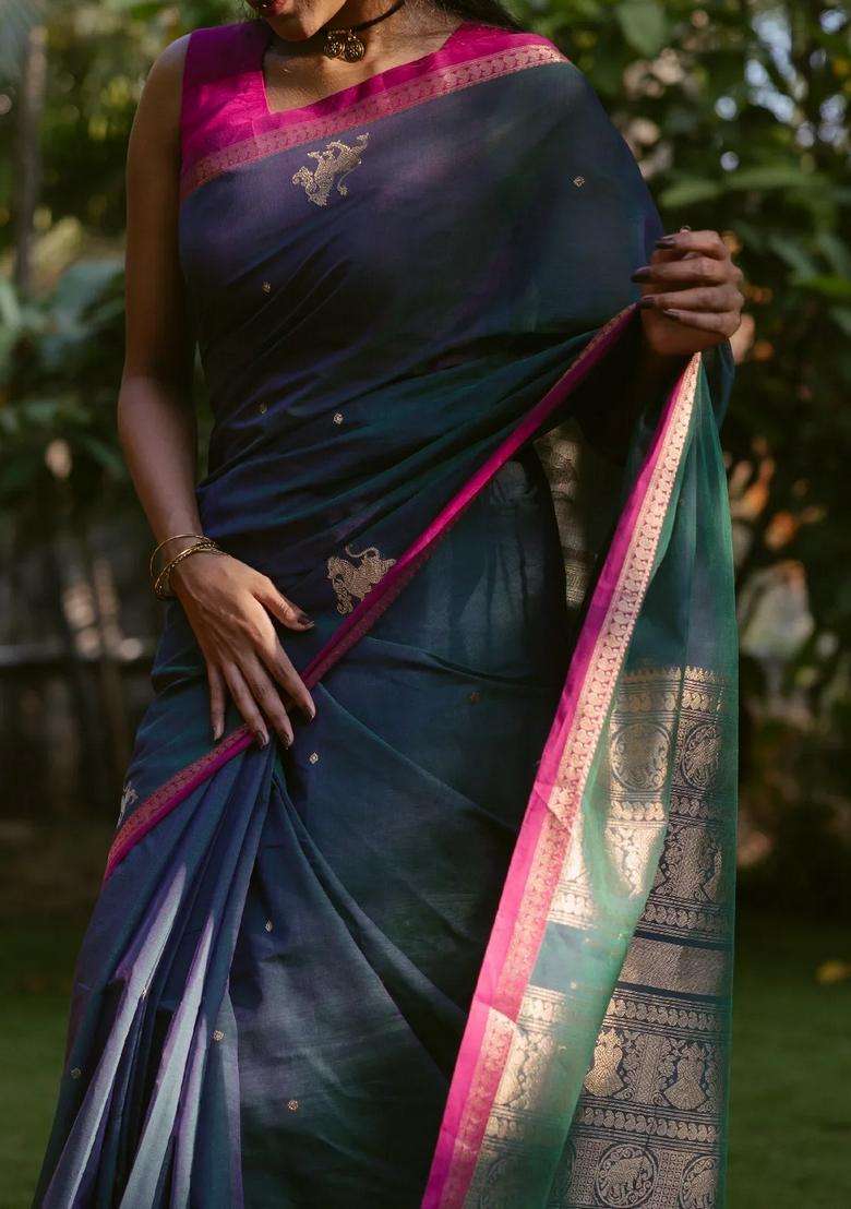 Teal Handloom Kanchi Cotton Saree With Yazhi Buttas With Buttas And Brocade Design For Women - Indya