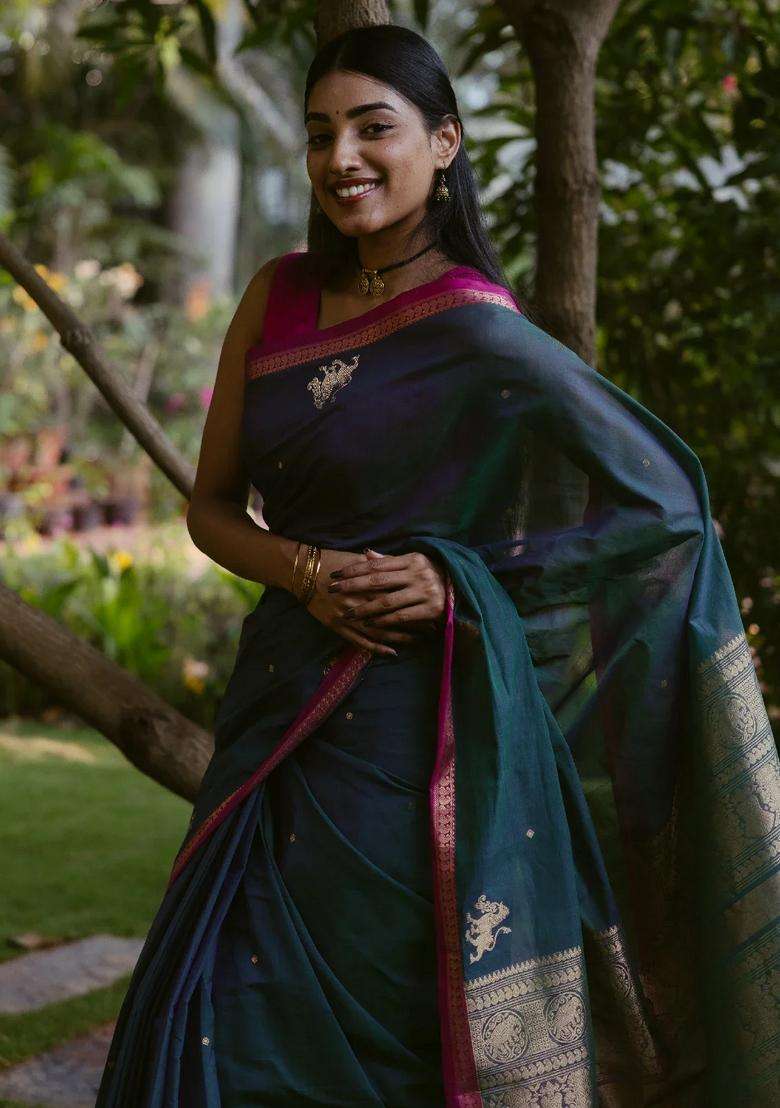 Teal Handloom Kanchi Cotton Saree With Yazhi Buttas With Buttas And Brocade Design For Women - Indya