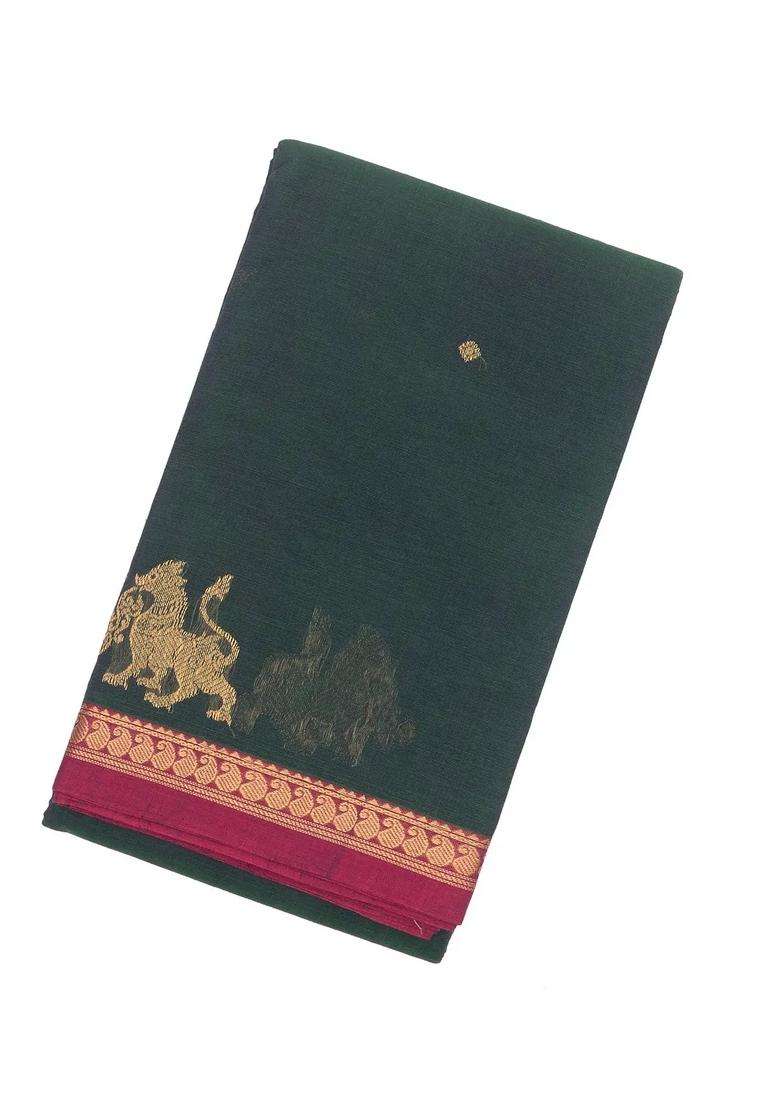 Teal Handloom Kanchi Cotton Saree With Yazhi Buttas With Buttas And Brocade Design For Women - Indya