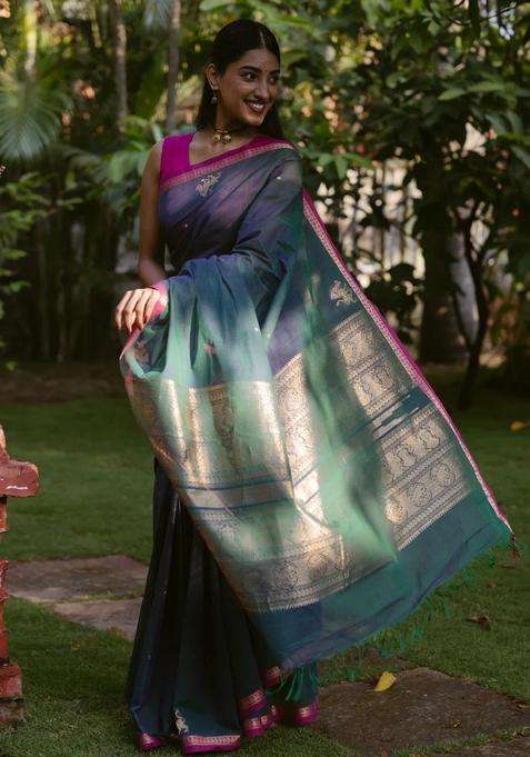Teal Handloom Kanchi Cotton Saree With Yazhi Buttas With Buttas And Brocade Design For Women
