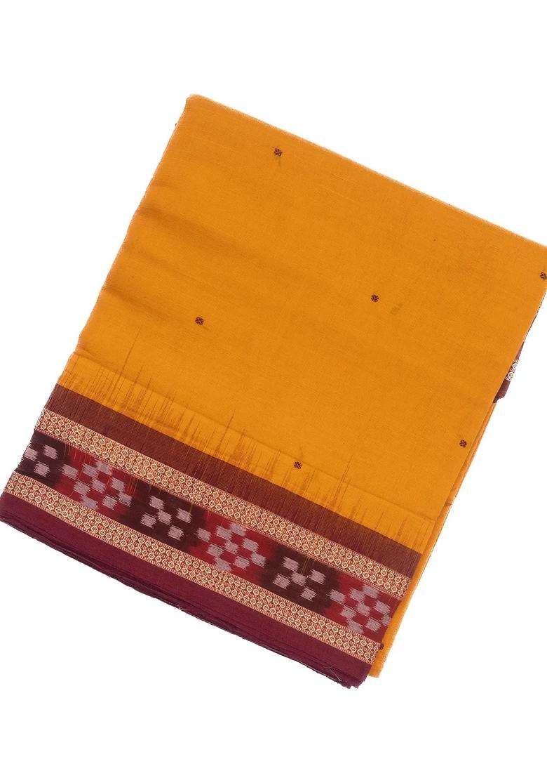 Turmeric Yellow Handloom Orissa Cotton Saree With Button Motifs With Printed Design For Women - Indya