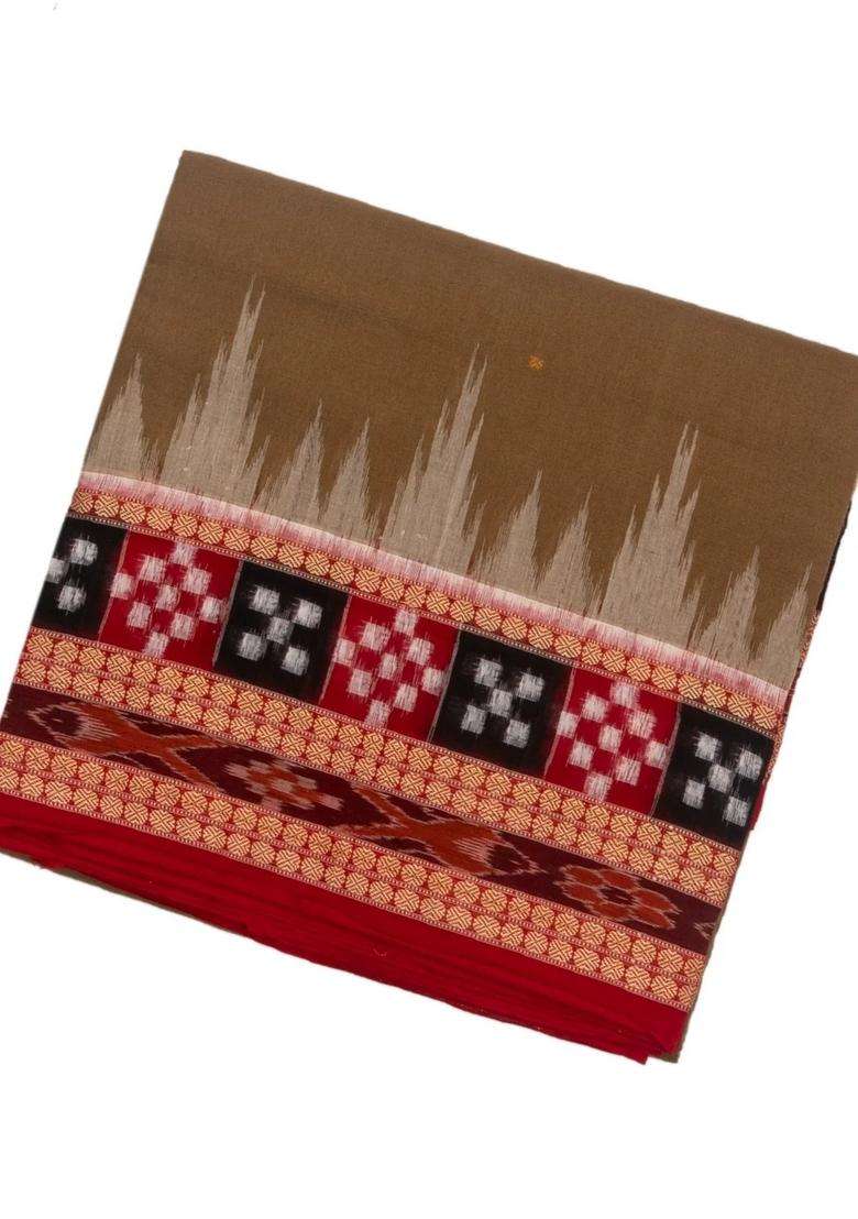 Taupe Handloom Orissa Cotton Saree With Button Buttas With Buttas And Brocade Design For Women - Indya