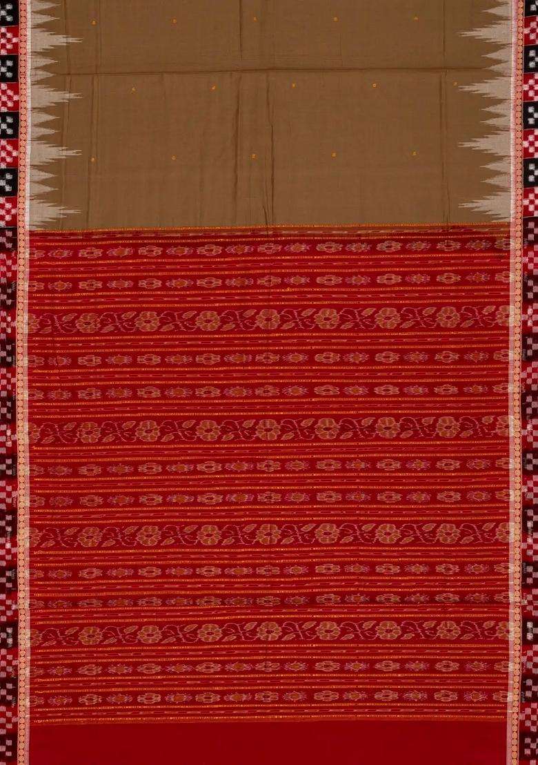 Taupe Handloom Orissa Cotton Saree With Button Buttas With Buttas And Brocade Design For Women - Indya