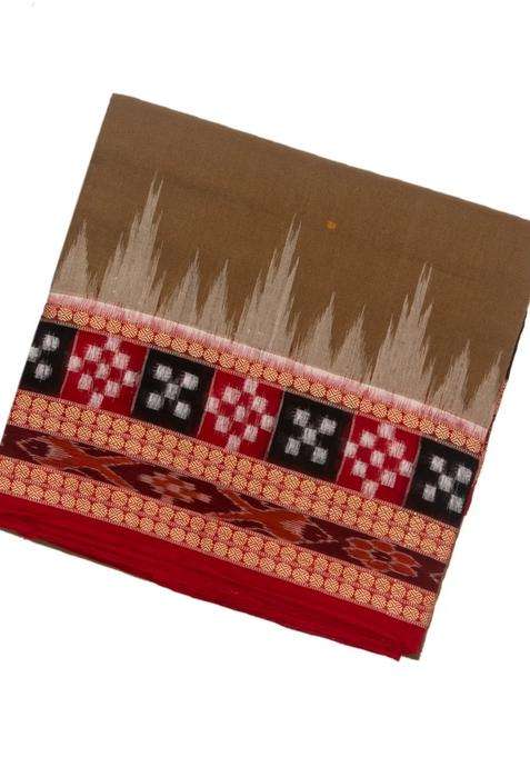 Taupe Handloom Orissa Cotton Saree With Button Buttas With Buttas And Brocade Design For Women