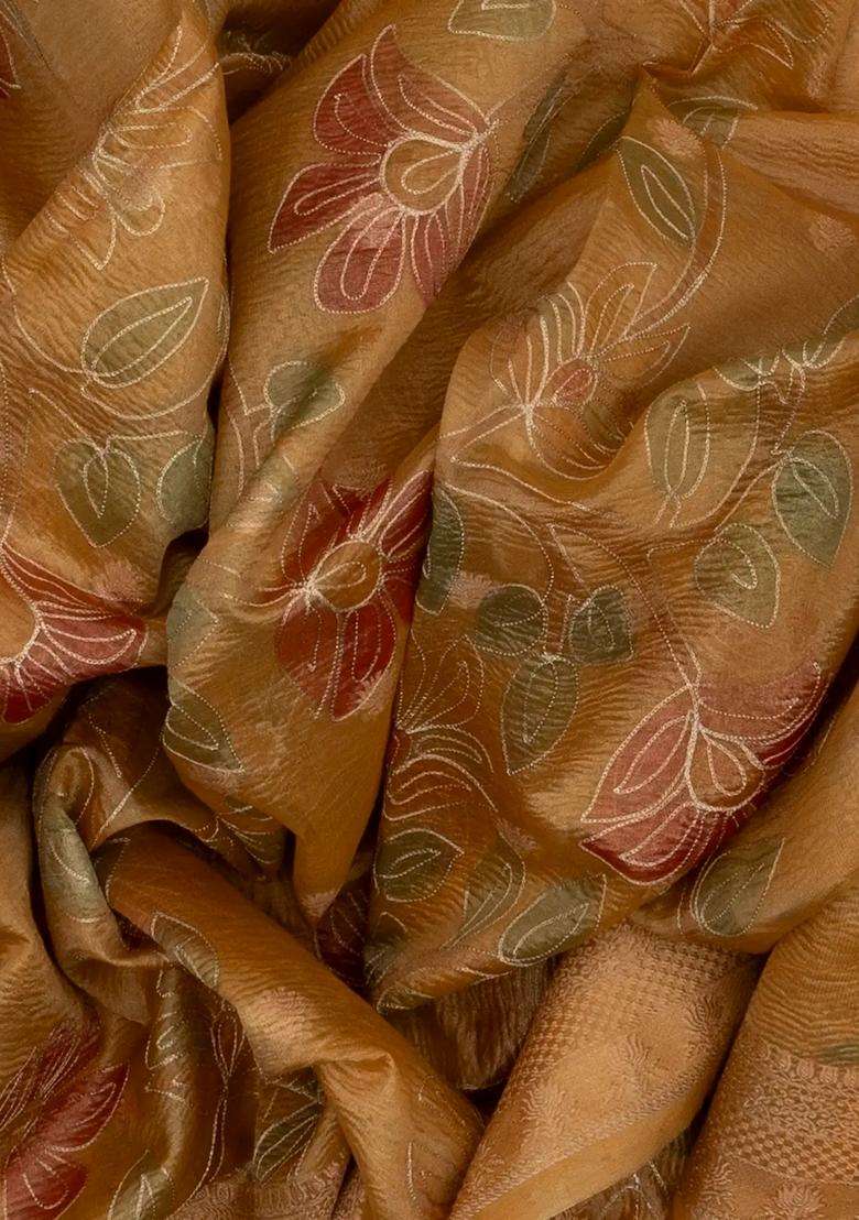 Beige Woven Banarasi Crushed Tissue Saree With Embroidery With Embroidered Design For Women - Indya