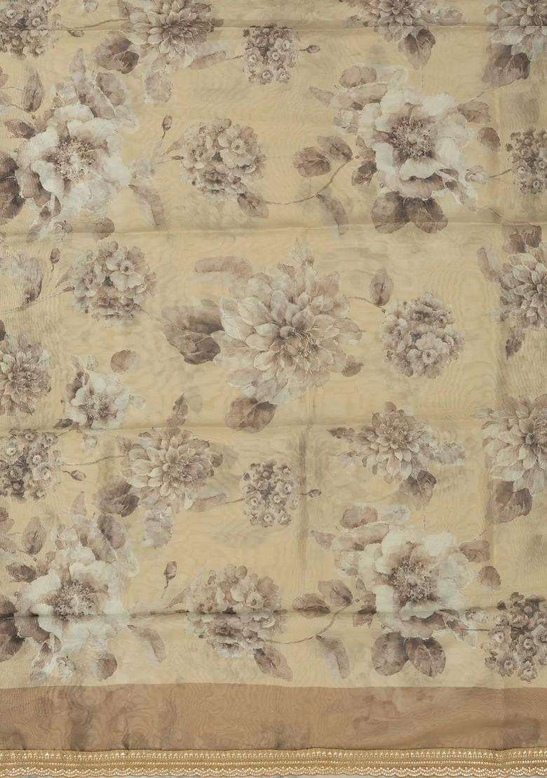 Taupe Woven Organza Saree With Floral Print Embroidery With Embroidered Design For Women - Indya