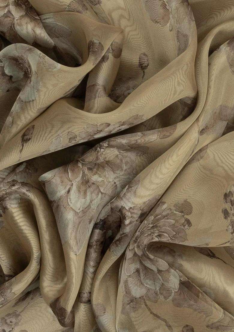 Taupe Woven Organza Saree With Floral Print Embroidery With Embroidered Design For Women - Indya