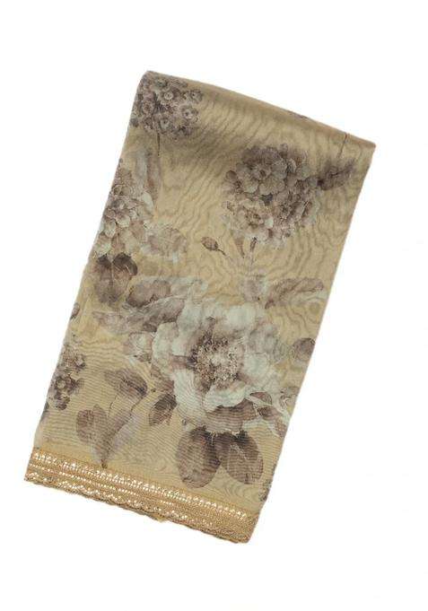 Taupe Woven Organza Saree With Floral Print Embroidery With Embroidered Design For Women