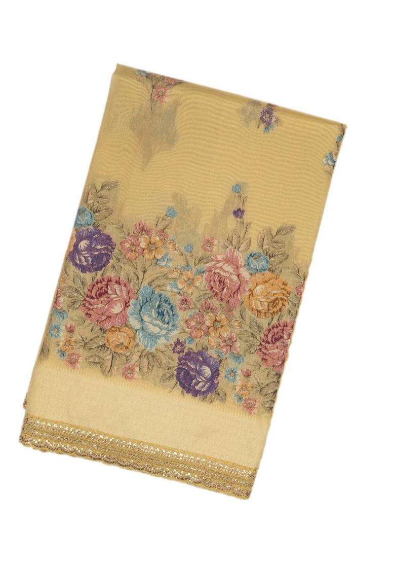 Gold Woven Tissue Saree With Floral Print Embroidery With Embroidered Design For Women - Indya