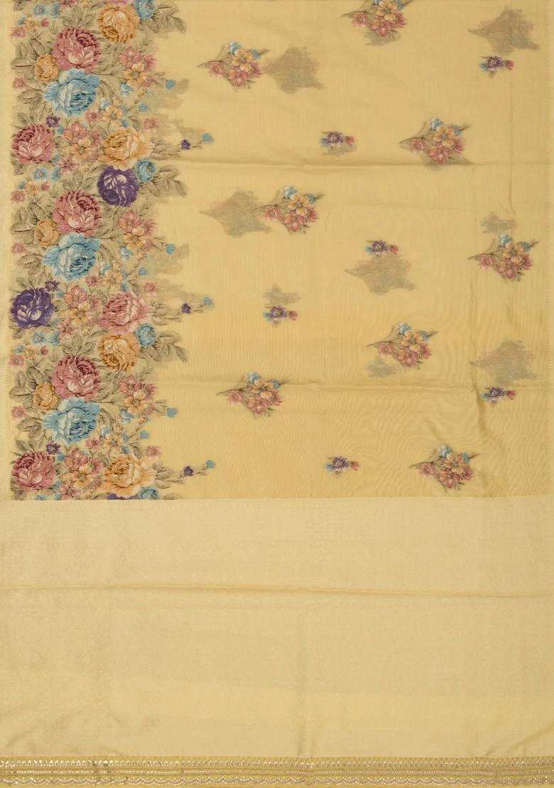 Gold Woven Tissue Saree With Floral Print Embroidery With Embroidered Design For Women - Indya