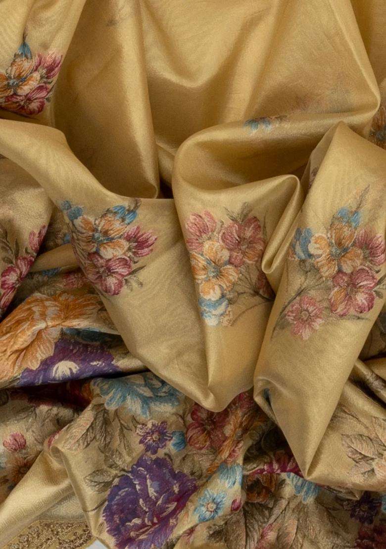 Gold Woven Tissue Saree With Floral Print Embroidery With Embroidered Design For Women - Indya
