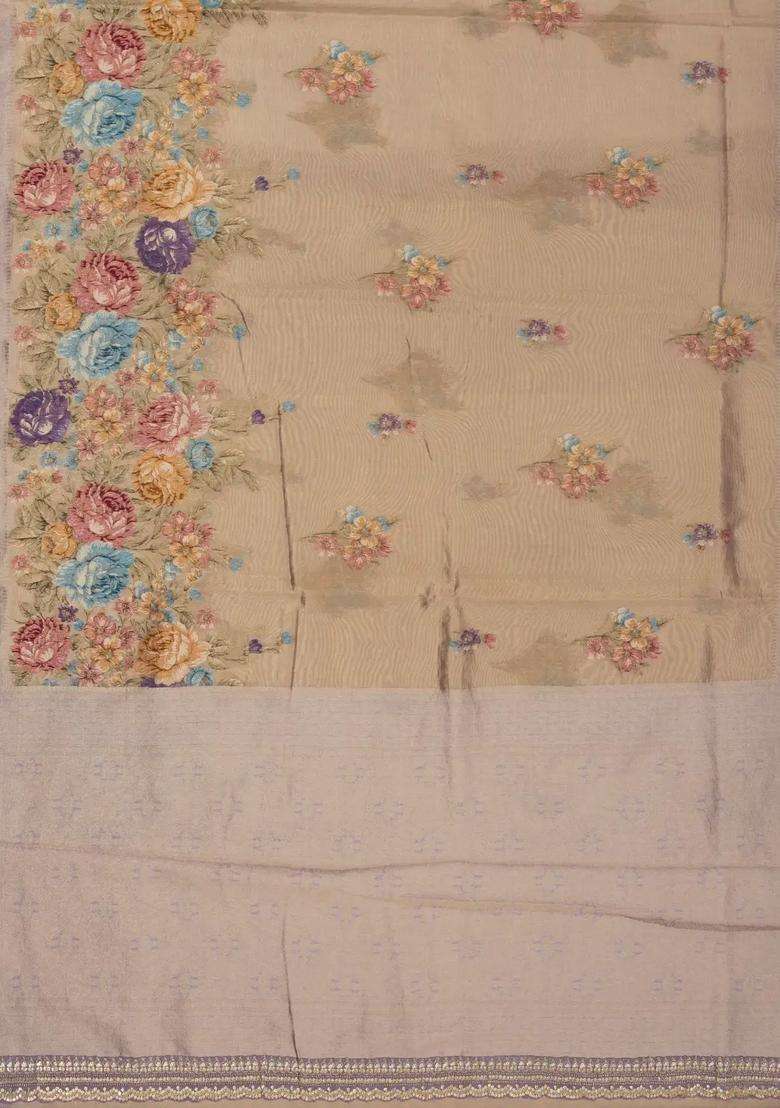 Lavander Lavender Woven Tissue Saree With Floral Print Embroidery With Embroidered Design For Women - Indya