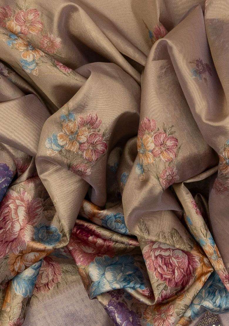 Lavander Lavender Woven Tissue Saree With Floral Print Embroidery With Embroidered Design For Women - Indya