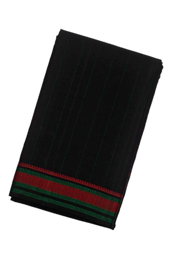 Black Handloom Kanchi Cotton Saree With Dotted Stripes With Checks And Stripes Design For Women - Indya