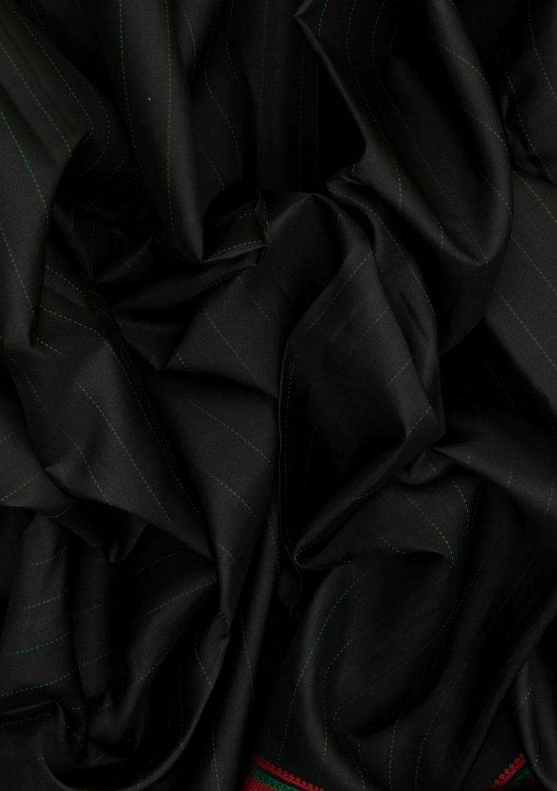 Black Handloom Kanchi Cotton Saree With Dotted Stripes With Checks And Stripes Design For Women - Indya