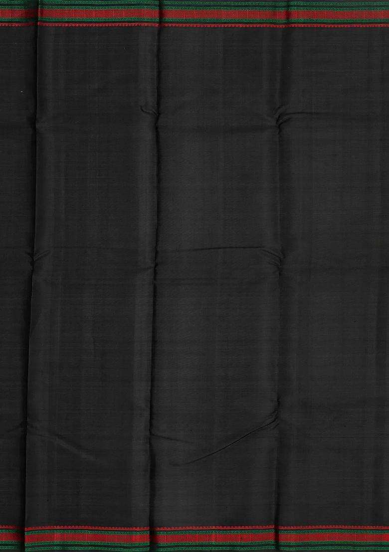 Black Handloom Kanchi Cotton Saree With Dotted Stripes With Checks And Stripes Design For Women - Indya